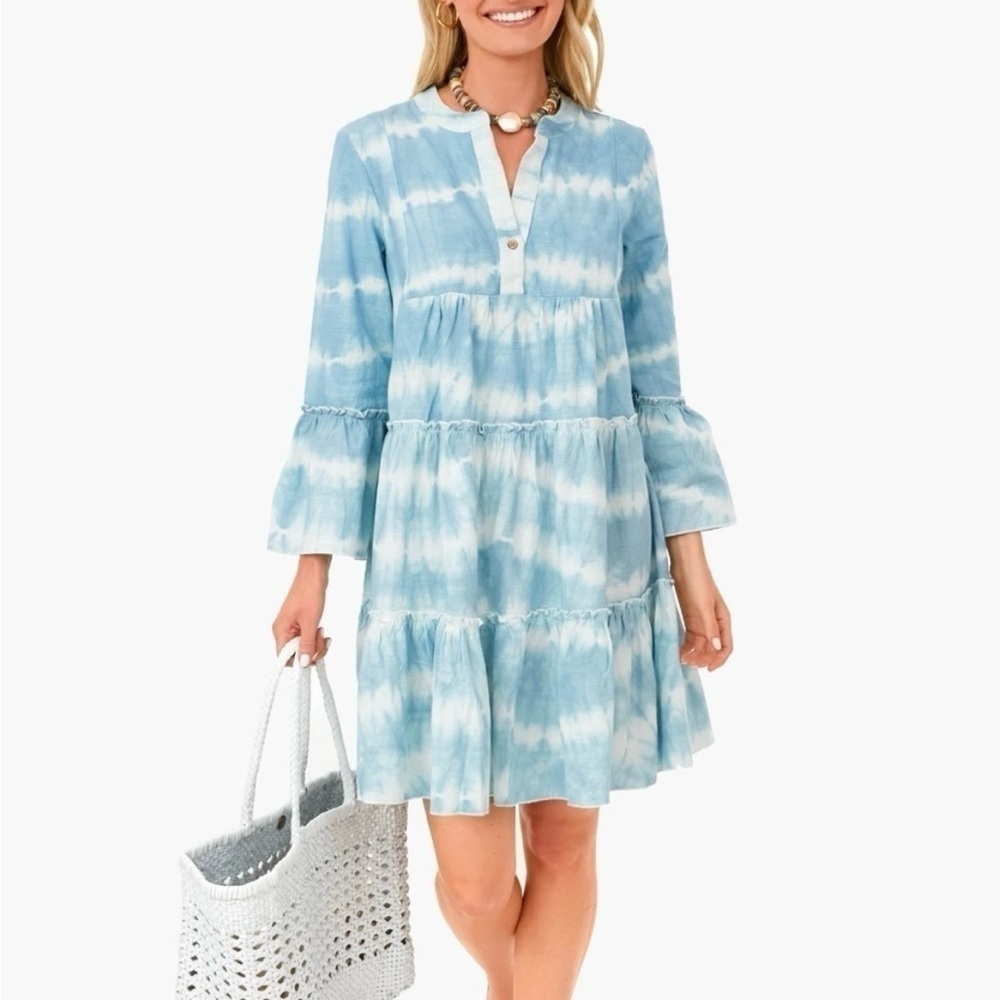 FAHERTY Tuckernuck Organic Cotton Blue Vida Tie Dye Dress, Medium - Picture 14 of 16